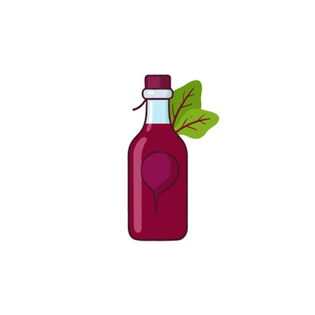 This vibrant illustration showcases a sleek bottle filled with wholesome beetroot juice, accentuated...