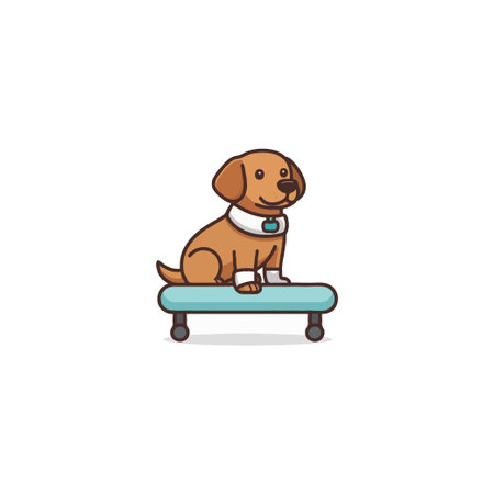 A charming cartoon dog sits patiently on a blue platform, radiating cuteness and joy. This simple yet captivating image showcases a delightful pet, perfect for conveying positive emotions and addingのイラスト素材