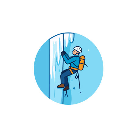 This illustration depicts a determined climber ascending a challenging icy wall. Equipped with safety gear and a backpack, the adventurer demonstrates resilience and skill in the face of nature. Theのイラスト素材