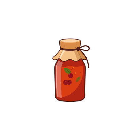 A vibrant illustration presents a jar of homemade strawberry jam. The style incorporates cartoonish elements, giving a joyful sensation. The rustic cap and vivid red tones enhance its charm, idealのイラスト素材