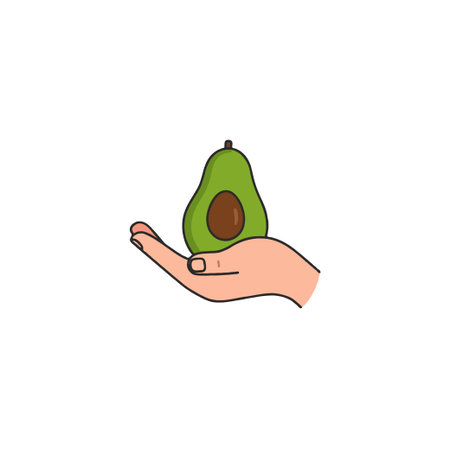 An illustration of a hand holding an avocado, representing a healthy diet, natural products, and a mindful lifestyle. The minimalist design and fresh colors evoke a sense of wellness and care forのイラスト素材