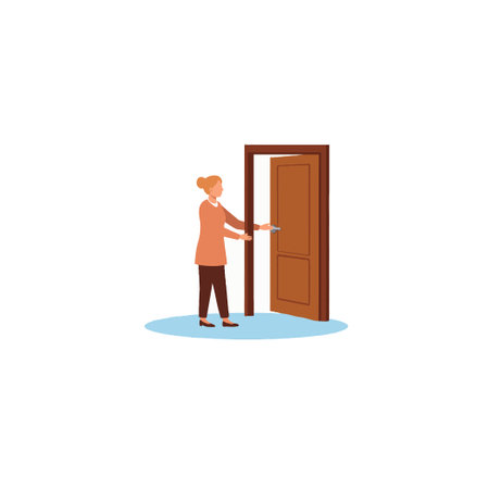 An illustration showing a person opening a wooden door, representing new opportunities and access. The flat design and simple colors create a welcoming and modern feel, symbolic of potential entryのイラスト素材