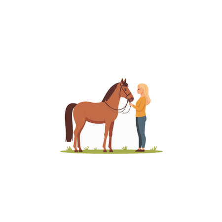 A blonde girl stands beside a brown horse in a green grassy field, establishing a connection and ready for an enjoyable ride. This image captures the serenity of the countryside and the bond betweenのイラスト素材