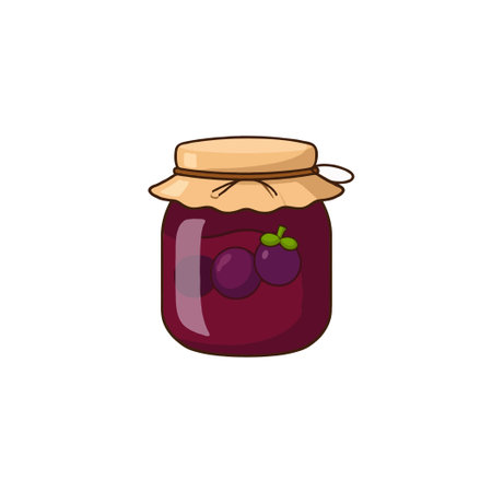 A delectable plum preserve presented in a charming glass jar. It features a rustic fabric lid cover adding to its homemade appeal. This illustration captures the essence of simple, tasty food,のイラスト素材