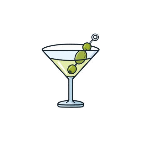 A minimalist illustration features a martini glass filled with a clear liquid and garnished with skewered olives. The design is clean and simple, perfect for representing cocktails, bars, or happyのイラスト素材