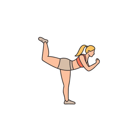 A digitally created illustration depicts a woman executing a donkey kick exercise, showcasing her fitness training routine. The vector graphic presents a minimal design, emphasizing health,のイラスト素材
