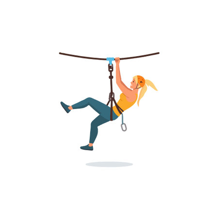 A blonde haired woman, clad in a yellow top and jeans, gleefully rides a zip line. Secured with a helmet and harness, she holds on tight, the excitement etched on her face during an adventurousのイラスト素材