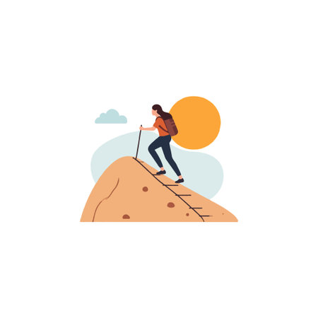 A determined woman with a backpack and hiking stick climbs a hill under a bright sun, symbolizing ambition and dedication in a minimalistic setting. The illustration captures the essence ofのイラスト素材