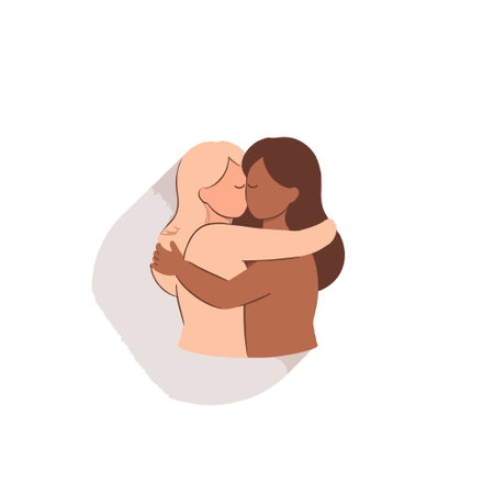 A minimalist vector illustration showcasing the beautiful connection between two women of different ethnicities. Depicting a tender embrace, it emphasizes themes of friendship, support, andのイラスト素材