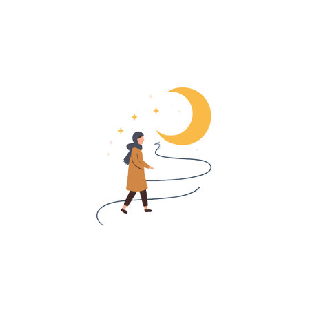 An elegant illustration portrays a woman wearing a hijab walking towards a radiant crescent moon under a starlit sky symbolizing her journey of faith and spiritual growth, evoking feelings of hope,のイラスト素材