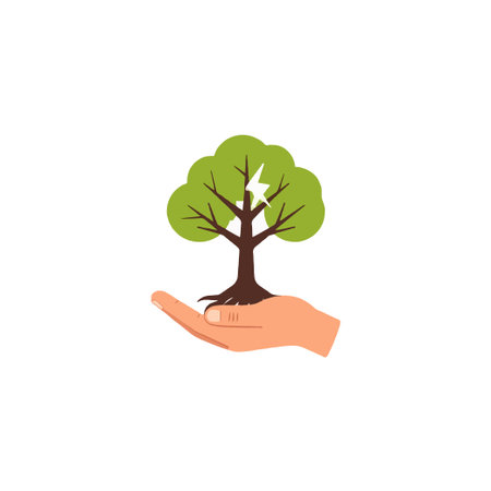 Symbolic illustration of a hand gently holding a small tree with a lightning bolt inside, representing sustainable energy and a commitment to environmental responsibility. It suggests innovation,のイラスト素材
