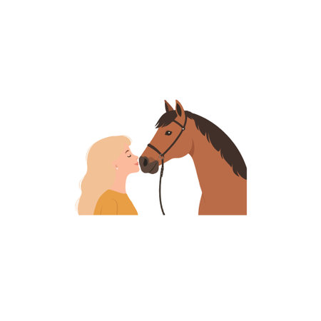 A tender illustration captures a young woman sharing a loving moment with her horse expressing the profound bond between them representing friendship harmony and happiness in a simple yet expressiveのイラスト素材