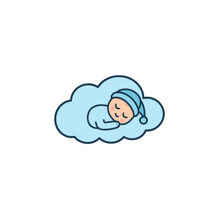A charming illustration presents a baby sleeping peacefully on a soft blue cloud, evoking a sense of dreams and tranquility. The image captures the innocence and serenity of infancy, portraying aのイラスト素材