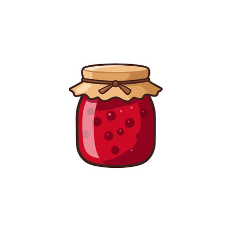 A delightful cartoon illustration of a jar filled with vibrant red berry jam. The jar is adorned with a fabric cover tied with string. Ideal for culinary themed designs or representing homemadeのイラスト素材