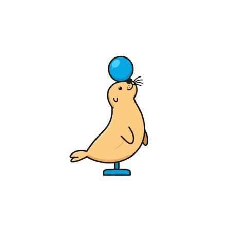 A charming cartoon illustration showcases a delightful seal skillfully balancing a bright blue ball. The image exudes an aura of playful joy and is perfect for illustrating concepts related toのイラスト素材