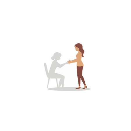 This illustration portrays a woman offering her hand to a shadowy figure seated in a chair, symbolizing support and guidance. It represents the journey of overcoming past challenges, findingのイラスト素材