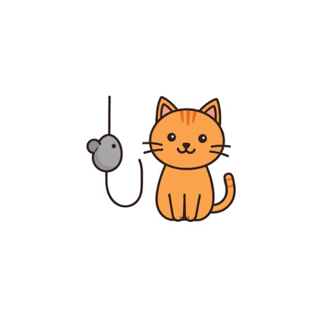 A delightful cartoon image showcasing an adorable ginger cat sitting upright, focused on a hanging mouse toy. Its simple design and cheerful expression evoke lightheartedness, perfect for children'sのイラスト素材