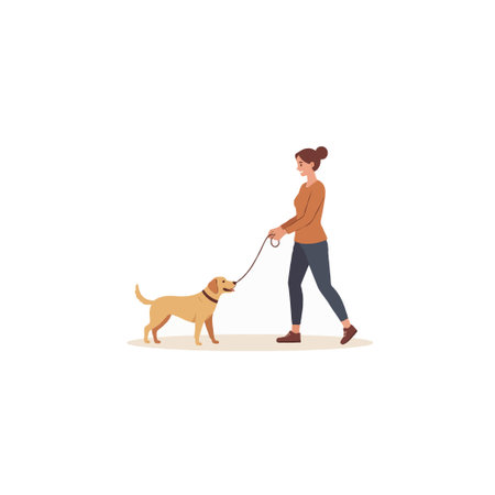 A woman is depicted walking her golden labrador dog on a leash. The illustration evokes a sense of companionship, health, and the simple joys of outdoor activities. The woman and dog strollのイラスト素材