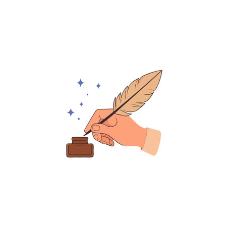 A minimalist illustration depicts a hand holding a quill, ready to write, with the quill poised above a small inkwell. Soft light and subtle shadows create a simple yet captivating image, evokingのイラスト素材