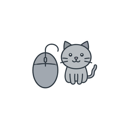 A lighthearted and simple illustration showcases a cartoon cat sitting cheerfully next to a computer mouse. The minimalist design and muted color palette create a modern and playful feel, perfectのイラスト素材