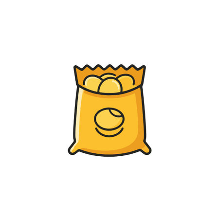 A whimsical cartoon illustration displaying a yellow bag overflowing with golden, tempting potato chips. The simple design evokes snack time enjoyment and the pleasurable crunch of this favoredのイラスト素材