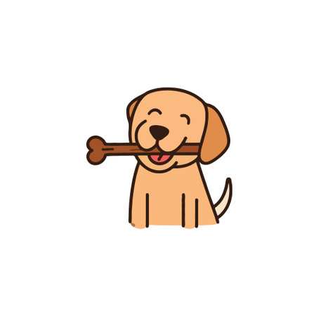 A delightful illustration of a cartoon dog happily carrying a bone in its mouth. The artwork is simple, charming, and captures the essence of a happy domestic pet with a playful demeanor andのイラスト素材