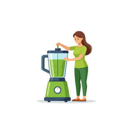 A woman in green attire blends a vibrant green smoothie in a kitchen. This highlights healthy eating and a balanced lifestyle for wellness, showing the preparation of a fresh, nutritious beverageのイラスト素材