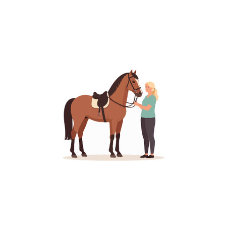 A young blonde woman is shown in a calm moment with her chestnut-colored horse. She is gently holding the reins, showing a connection of trust and care, suggesting a scene of friendship, training,のイラスト素材