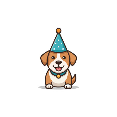 This illustration depicts a cute puppy wearing a blue polka-dotted party hat, ready for a birthday celebration. The cheerful design is perfect for festive moments and would be suitable for cards,のイラスト素材