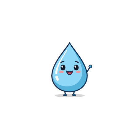 A cute cartoon water droplet character with a friendly face and waving hand symbolizes purity and freshness. Ideal for educational materials on water conservation, hydration, and environmentalのイラスト素材