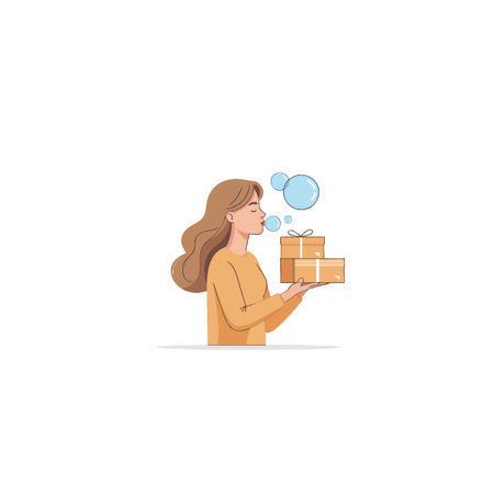 A woman gracefully holds stacked gifts, her expression suggesting a thoughtful blessing or heartfelt wish. Floating bubble-like thoughts accompany the presents, enhancing the sentiment of care,のイラスト素材