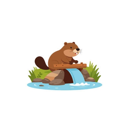 A charming cartoon illustration depicts a cute beaver standing on a rocky island, diligently working on a small wooden structure. A gentle waterfall flows into a serene pond, creating a peacefulのイラスト素材