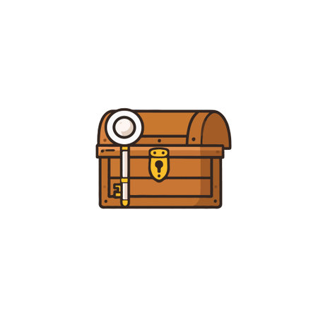 An engaging illustration features a wooden treasure chest with a key leaning against it. This image conveys a sense of mystery, adventure, and the allure of hidden wealth, perfect for themes ofのイラスト素材