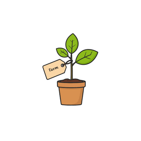 Illustration of a young seedling in a terracotta pot, adorned with a small tag labeled 'Farm'. Symbolizes growth, care, and the agricultural process. Suitable for designs relating to environmentalのイラスト素材