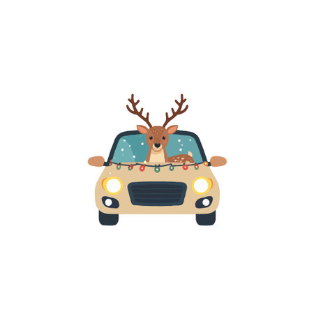 A delightful image showcasing a reindeer joyfully driving a car decorated with Christmas lights. The scene evokes a sense of holiday cheer and the magic of the season, conveying a whimsical spiritのイラスト素材