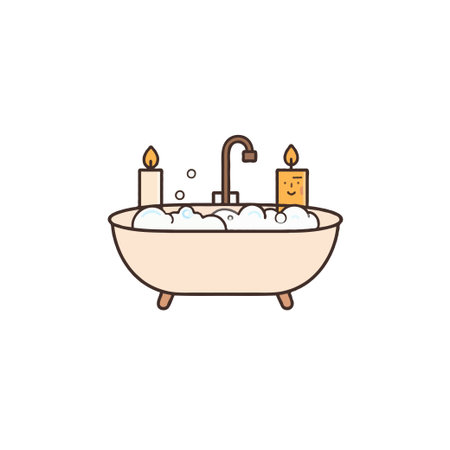 A whimsical illustration portrays a cozy bathtub filled with foamy bubbles and flanked by two lit candles. The simple yet inviting scene suggests a moment of serene relaxation and personal wellbeingのイラスト素材