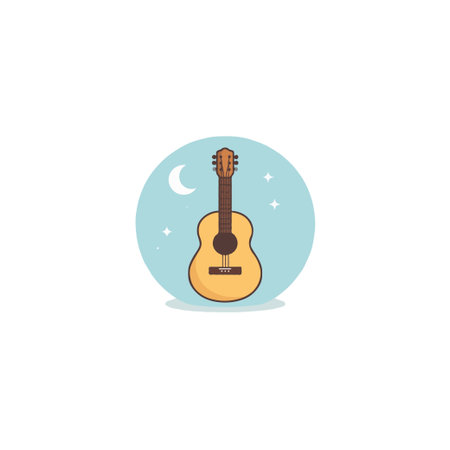 A gentle, cartoon style illustration showcases an acoustic guitar under a dreamy moonlit sky dotted with stars. This image evokes feelings of serenity, peace, and the magic of music, representingのイラスト素材