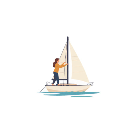 A minimalist illustration showcases a woman on a sailboat, gliding across a serene sea under a clear sky. The scene evokes a sense of freedom, leisure, and connection with nature, highlighting aのイラスト素材