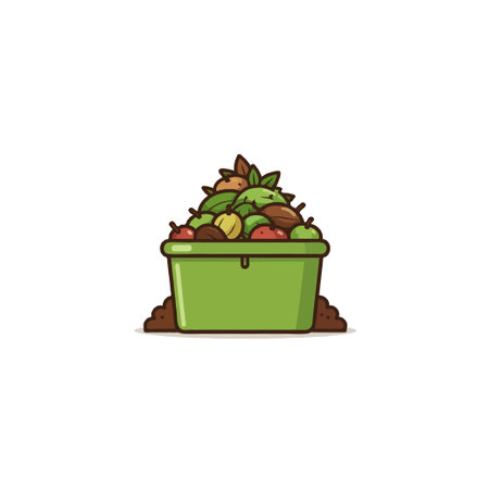 An illustration depicts a green container brimming with a diverse collection of harvested fruits, vegetables, and leaves, highlighting the richness of the season. The image evokes themes of healthyのイラスト素材