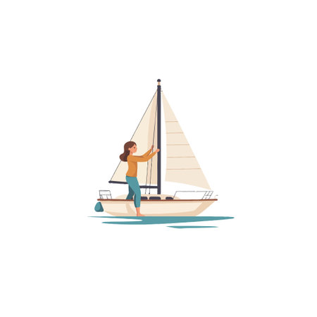 This colorful, illustrative image presents a woman on a sailboat. She appears to be adjusting the sail. The image evokes feelings of nautical adventures, summer leisure, and peaceful moments on theのイラスト素材