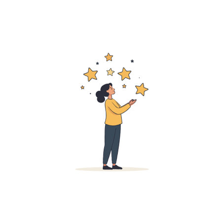 A minimalistic illustration portrays a woman gazing upwards and reaching out towards a cluster of radiant golden stars. This symbolizes the pursuit of aspirations, the realization of dreams, and theのイラスト素材