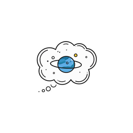 A cartoon illustration visualizes a planet with rings floating inside a thought bubble. This whimsical imagery represents ideas related to space exploration, scientific learning, the solar system,のイラスト素材
