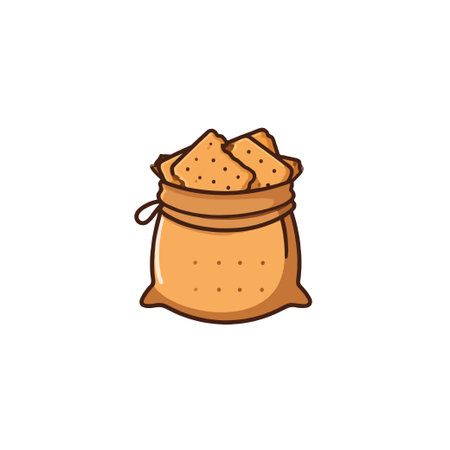This delightful illustration features a burlap sack brimming with crispy crackers. The simple design and warm colors create a charming scene, perfect for conveying ideas of snack food, wholesomeのイラスト素材