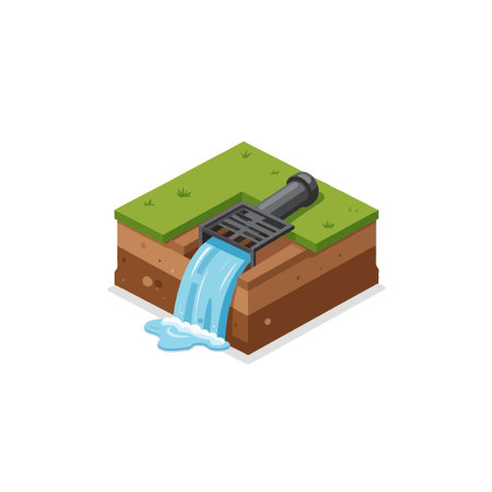 Isometric illustration showcasing an urban drainage system. The design emphasizes the flow of water from a pipe, through a landscape element, highlighting the importance of proper drainage andのイラスト素材