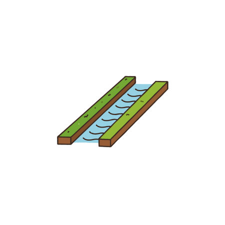 A clean and simple illustration depicting a water channel with green banks, symbolizing irrigation or natural water flow. Ideal for use in agricultural, environmental, or sustainability-relatedのイラスト素材