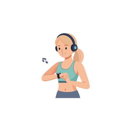 A cheerful illustration portrays a woman with headphones on, checking her fitness watch during a workout. It symbolizes a healthy and active lifestyle, enjoying music while pursuing wellness andのイラスト素材