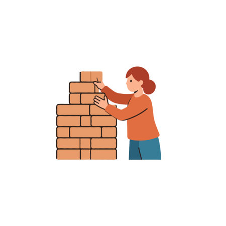A cartoon-style illustration depicts a woman carefully building a brick wall. This image can represent themes such as construction, personal development, building a solid foundation, or workingのイラスト素材