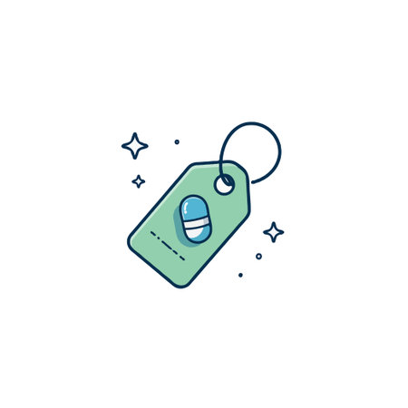 A simplified tag graphic integrates a stylized capsule, highlighting discussions around medicine expenses and pricing. It is suitable for illustrating healthcare finance, cost management inのイラスト素材
