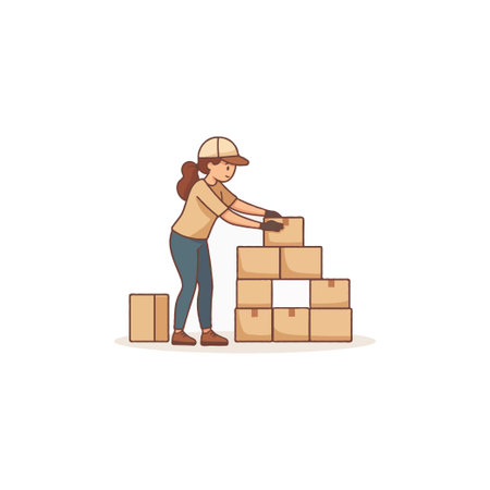 This illustration shows a female worker carefully stacking cardboard boxes. She is preparing them for delivery or shipping. The image conveys a sense of organization, efficiency, and the logisticalのイラスト素材