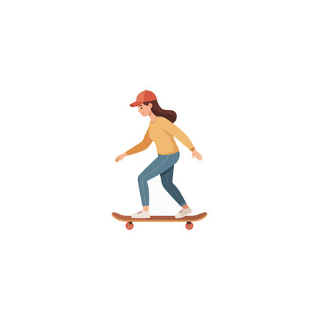 A lively illustration captures a young woman skateboarding with joy and determination. She navigates an urban setting with an active lifestyle, demonstrating freedom and individuality throughのイラスト素材